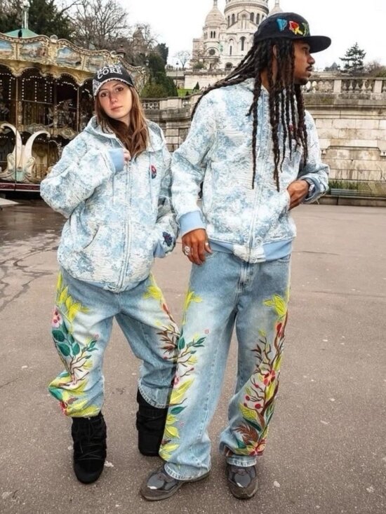 Veryrare Denim - Unisex VeryRare Sakura Pants Jeans Size M L XL Blue Embroidered Cherry Blossom